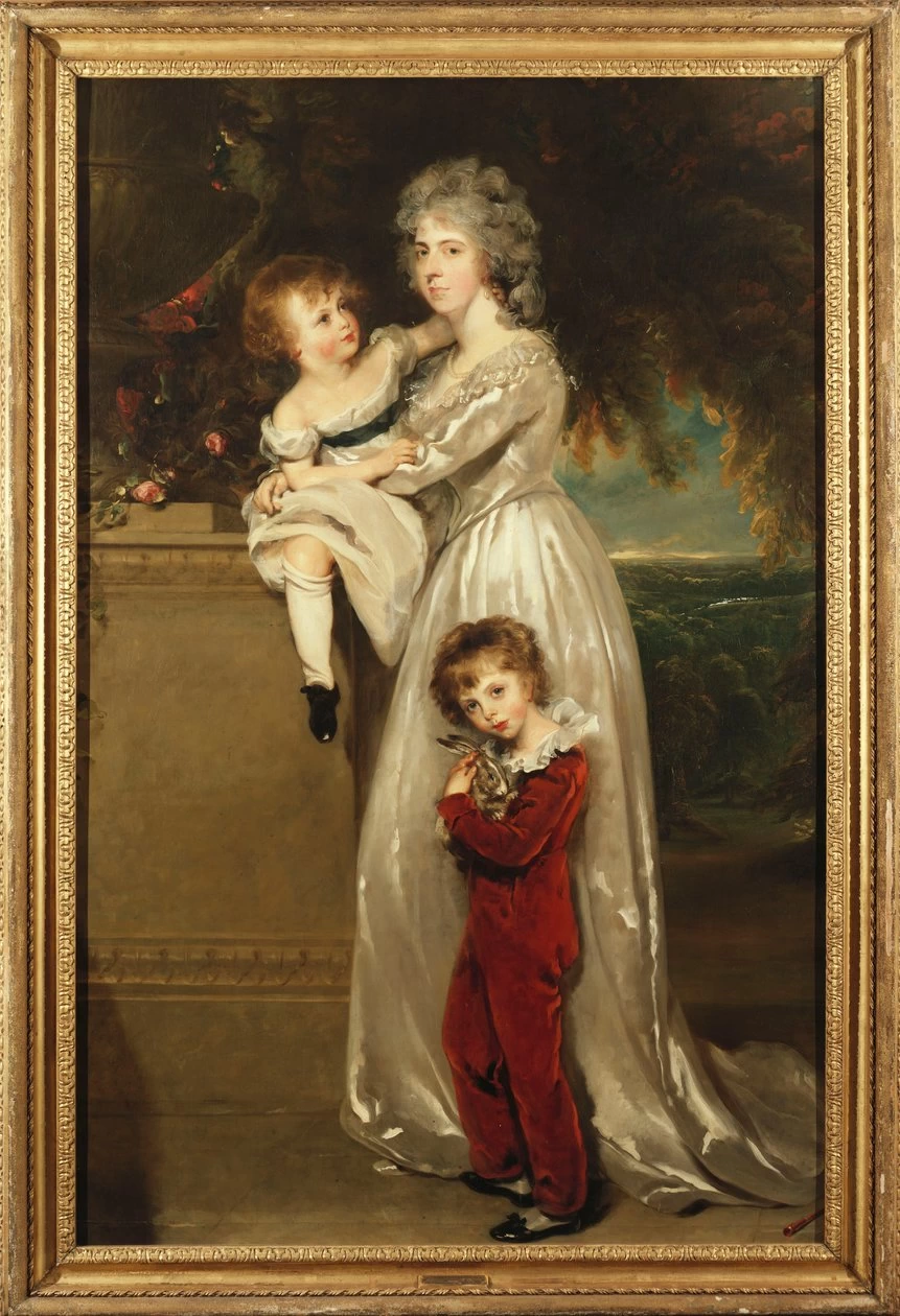 Ritratto della signora Annesley in piedi a figura intera, in abito bianco con i suoi due figli